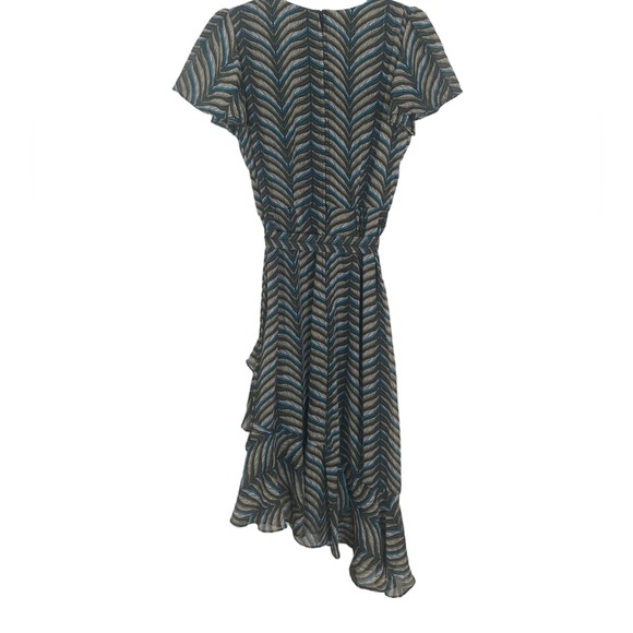 Feathery Pattern Dress w/ Plunge Neck Ruffle Sleeves - Size 7 - Teal/Gold/Black - Picture 3 of 4